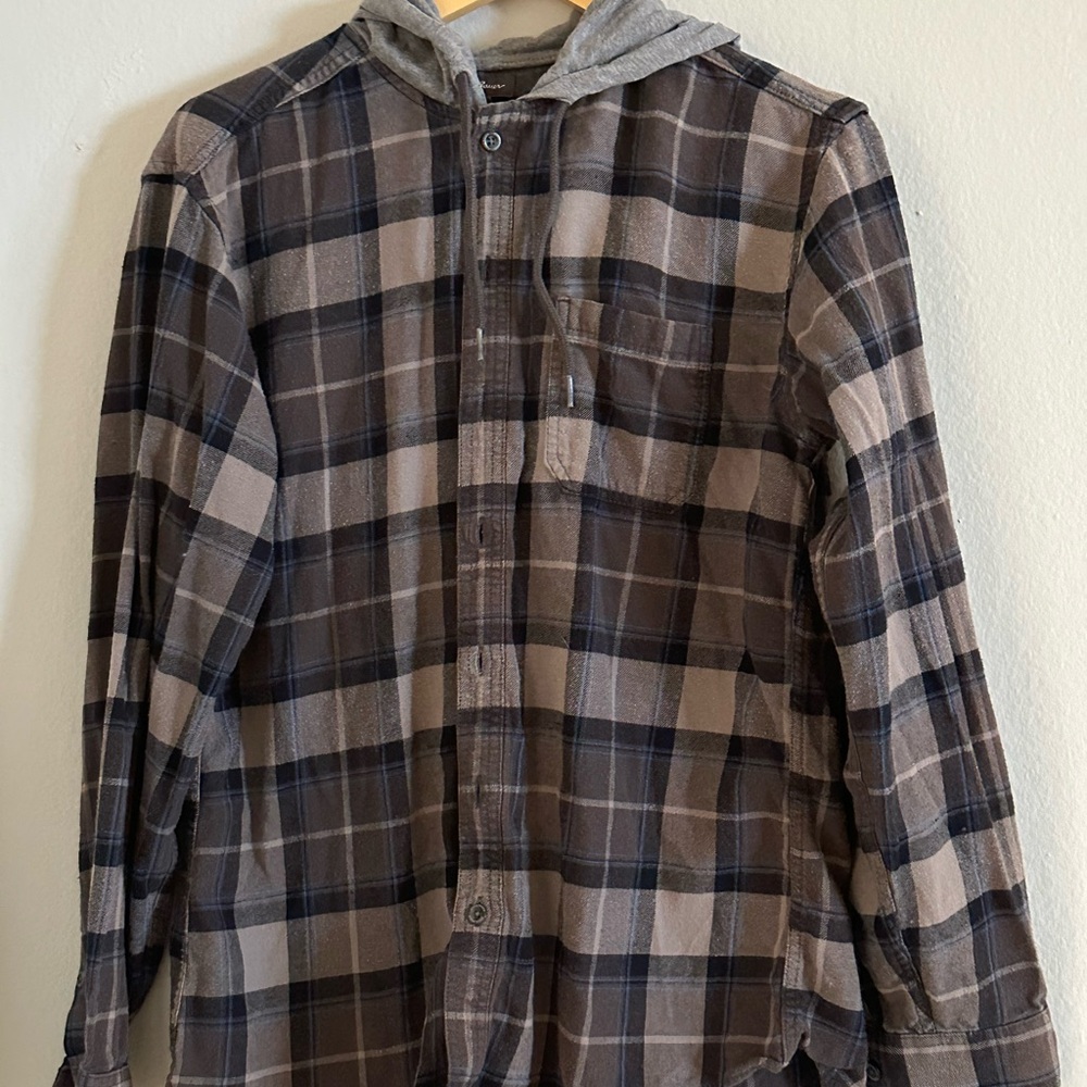 Eddie Bauer Men’s Gray Plaid Hooded  Flannel Size Medium